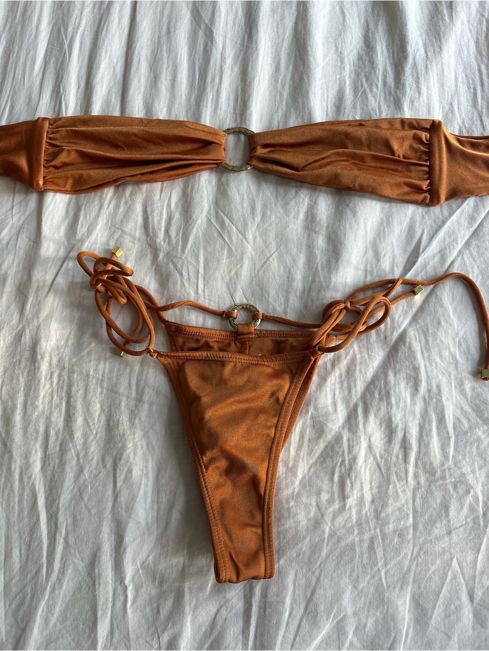 Sommer Swim Cece Top and Tie Side Bottoms in Papagayo Shimmer Rust Orange